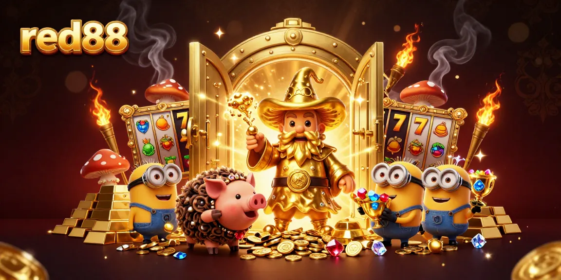 Spin the reels at red88 with a magical wizard, treasure, and gemstones in an enchanting 3D scene.