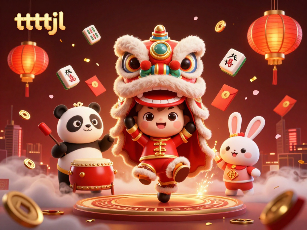 Experience tttjl's vibrant 3D illustration celebrating luck with festive lion dance and casino elements.