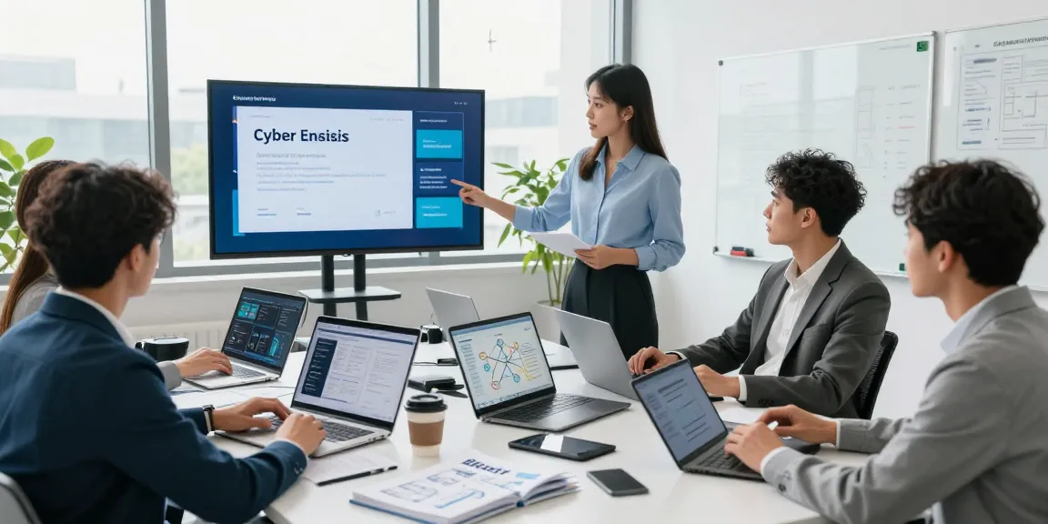 Collaborative meeting on cyber essentials certification in a modern office, showcasing diverse professionals analyzing cybersecurity solutions.