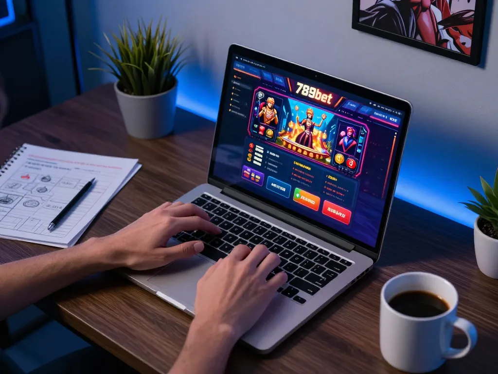 Engaging with 789bet's online casino platform from a modern home setup, showcasing strategy and focus.
