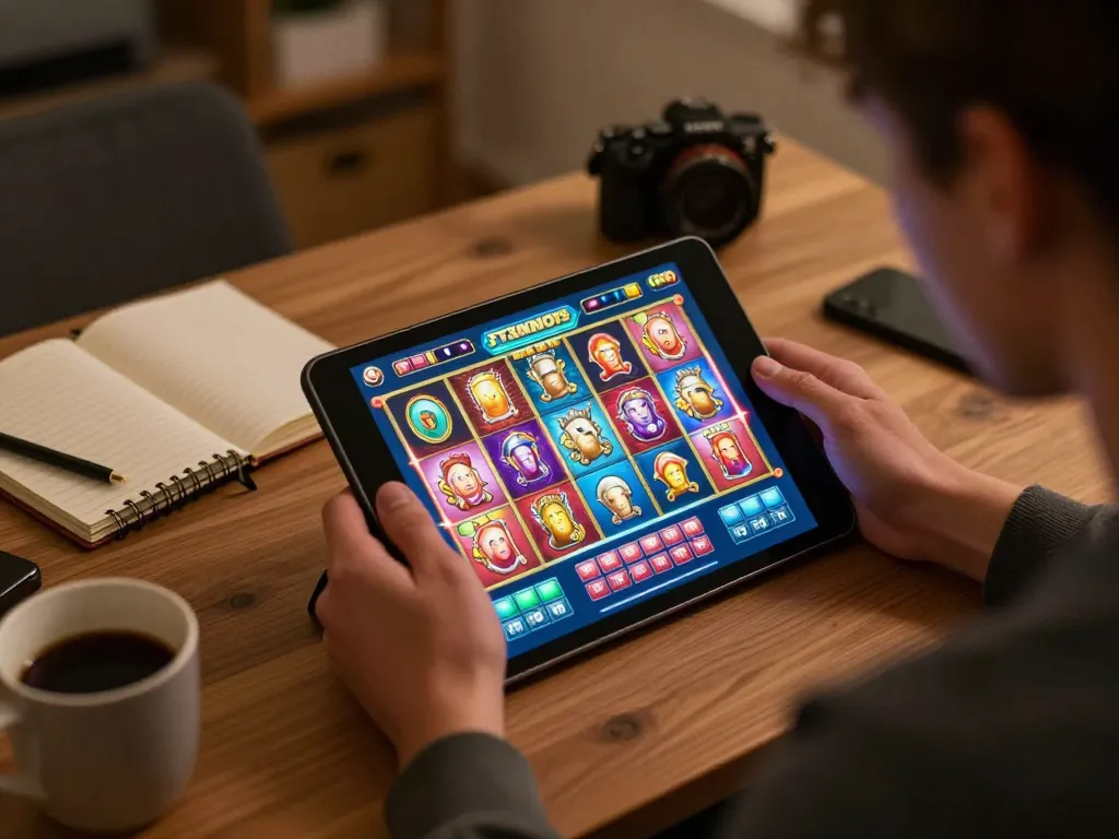 Player enjoying slot luar negeri games on a tablet in cozy home office, focusing on strategy and fun.