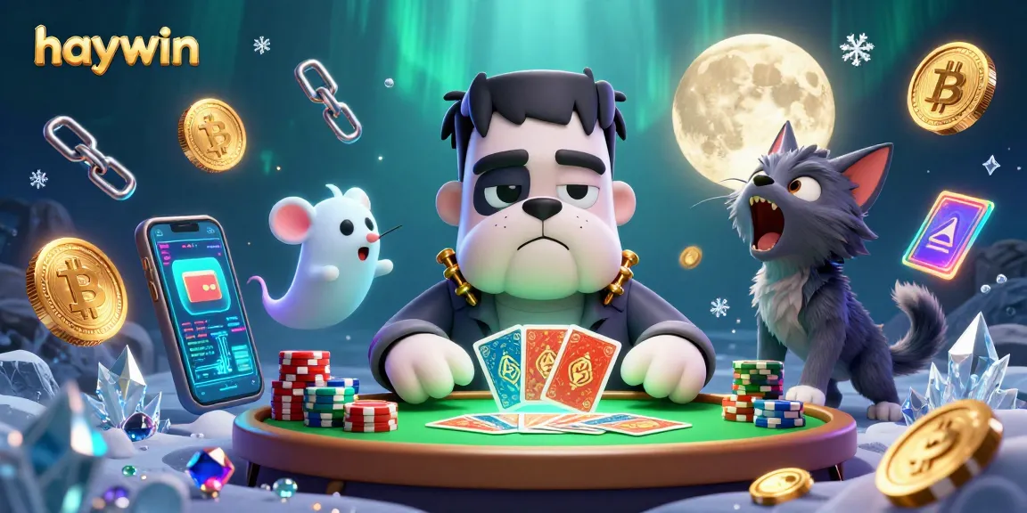 Engage playing cards at Haywin casino with a Frankenstein bulldog monster and ghost mouse.