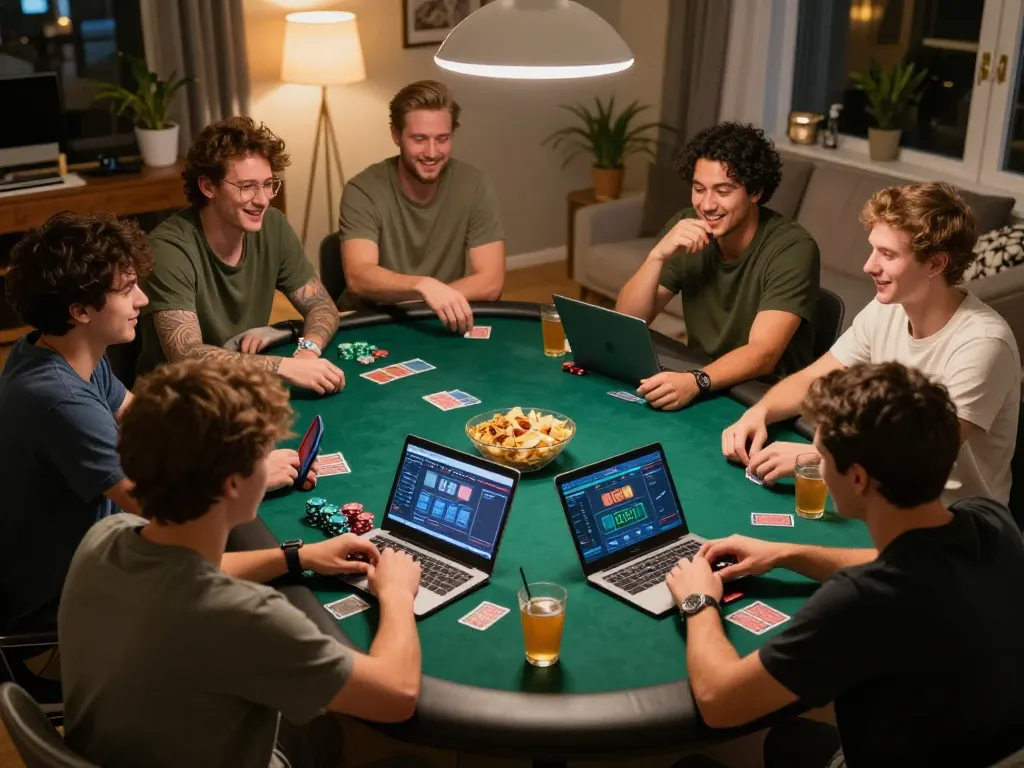 B52club players enjoying an exciting online poker game at home with laptops and snacks.