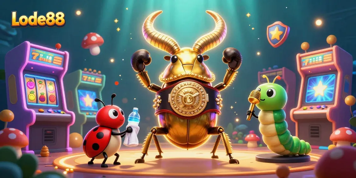 Lode88 brings excitement with a giant golden stag beetle champion face-off in a colorful casino scene.