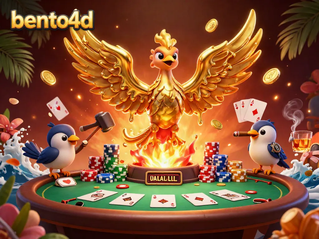 Experience big wins with bento4d featuring a molten golden phoenix, poker table, and vibrant casino elements.