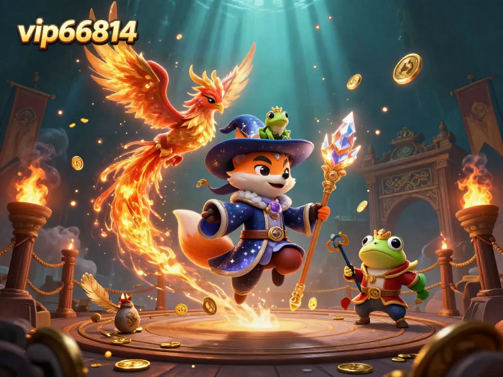 Experience thrilling wins at vip66814 with a magical casino adventure featuring a wizard fox, phoenix, and enchanted frog.