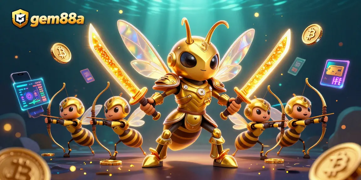 Engage with gem88a's exciting 3D casino scene featuring a golden hornet and crypto elements.