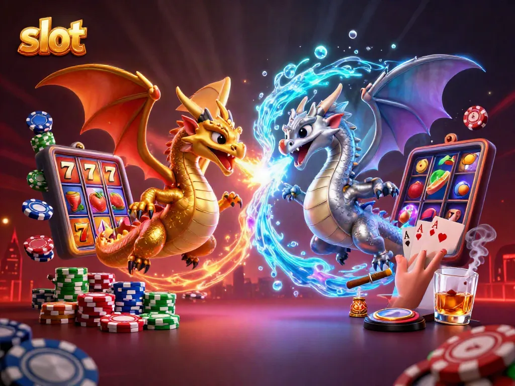 Engaging slot scene with golden and silver dragons amidst vibrant slot reels and casino elements.