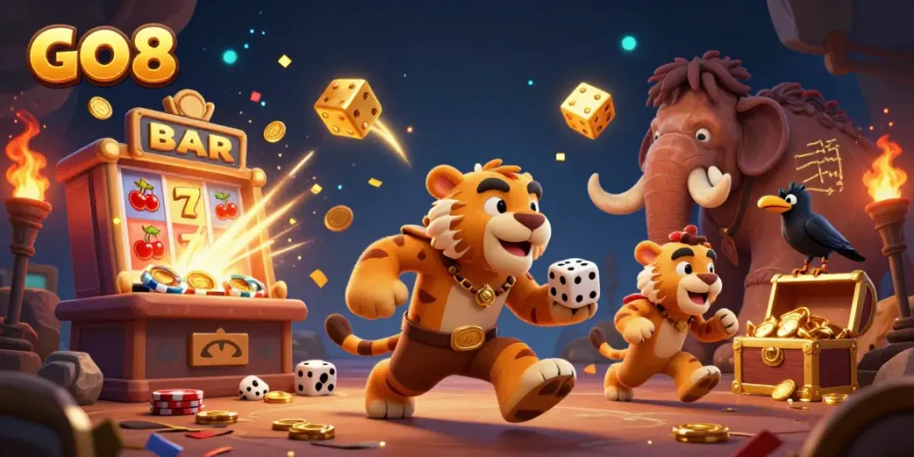 Experience the excitement at GO 8's vibrant casino with cartoon characters and thrilling jackpot elements.