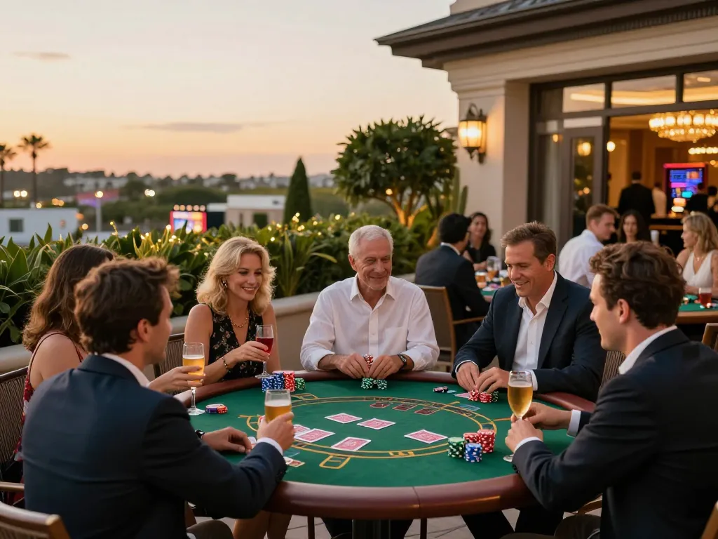Experience dynamic blackjack gameplay at 33win with vibrant chips on a luxury casino terrace.