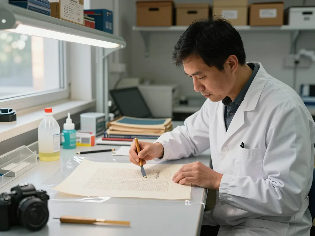 Bóc sổ đỏ ép plastic being safely removed by a technician in a document restoration lab.
