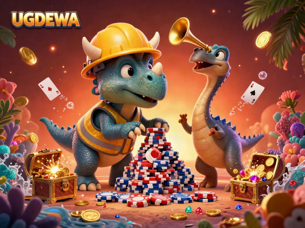 Celebrate winning with UGDEWA in a vibrant 3D scene filled with poker chips and cheerful characters.