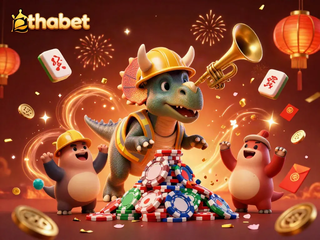 Celebrate with thabet in a colorful casino scene filled with playful characters and festive details.