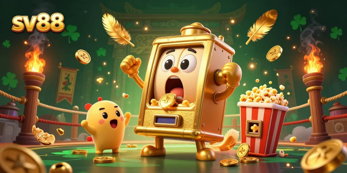 Experience thrilling wins with sv88 as a golden slot machine hits the jackpot amidst dynamic casino elements.