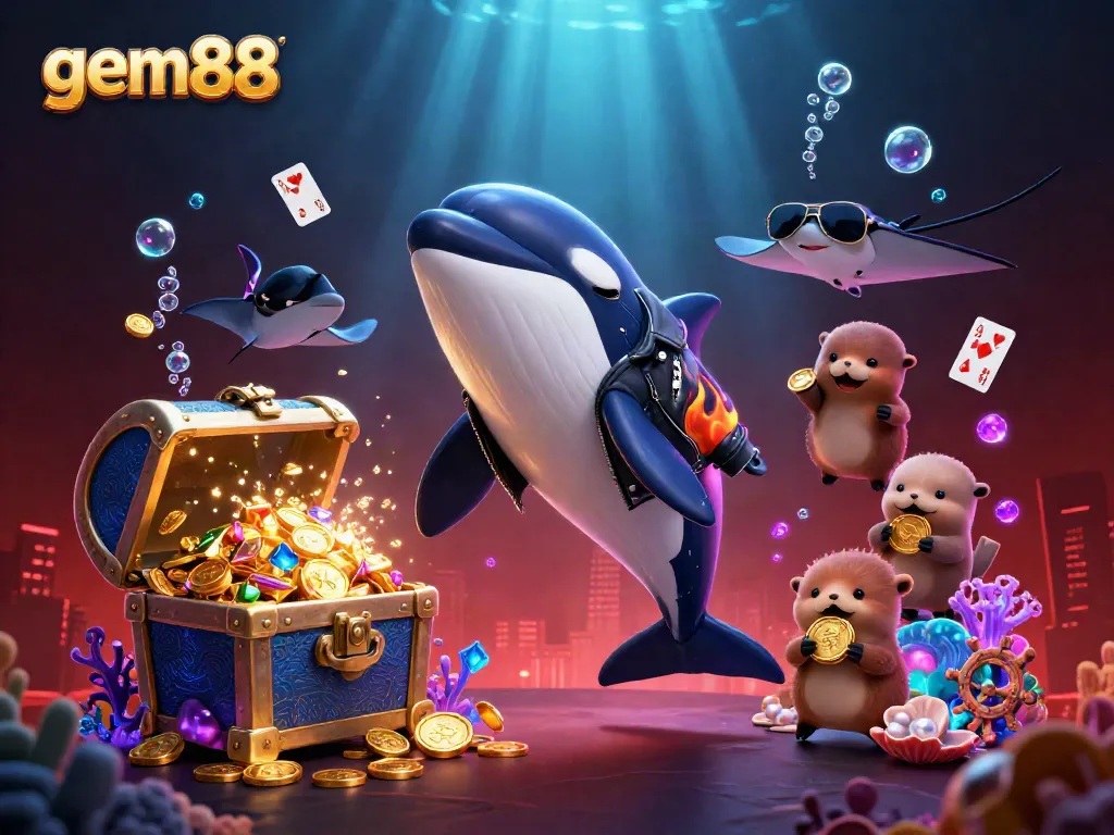 Join the fun with gem88's vibrant casino gaming scene featuring a cartoon orca, stingray, and sea otters.