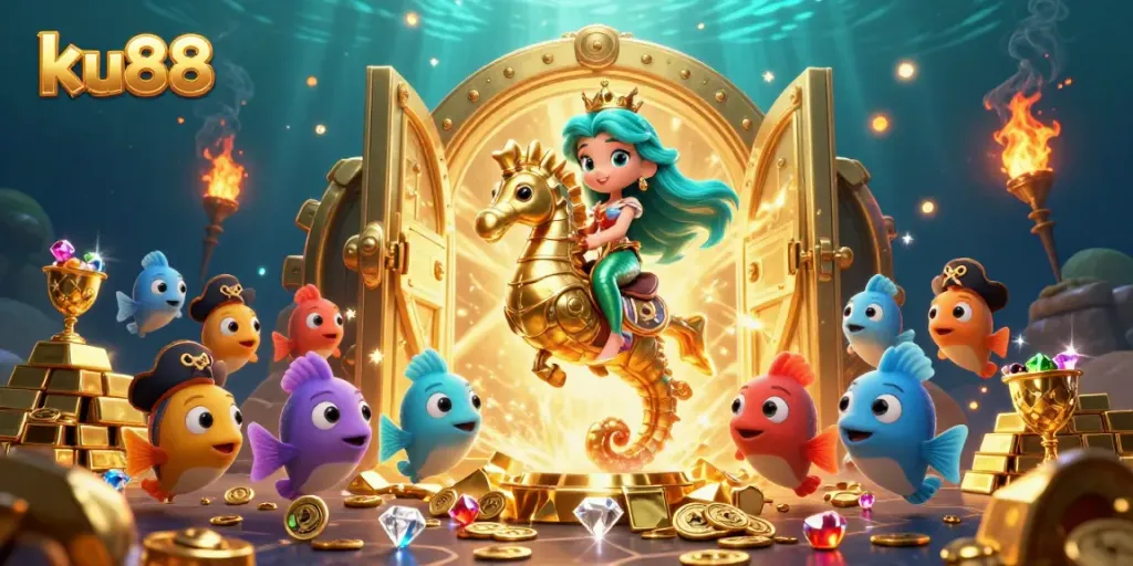Join the excitement at ku88 with a vibrant 3D casino illustration showcasing playful characters and treasures.