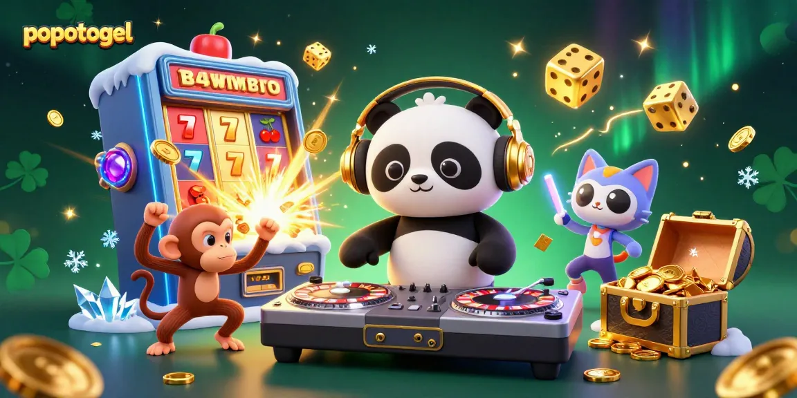 Experience the thrill of popotogel with this vibrant 3D casino scene featuring animated characters and slot elements.