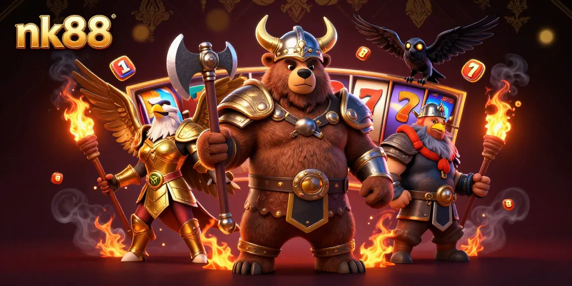 Play exciting slot games with nk88 featuring a Viking bear and Valkyrie, surrounded by colorful jackpot elements.