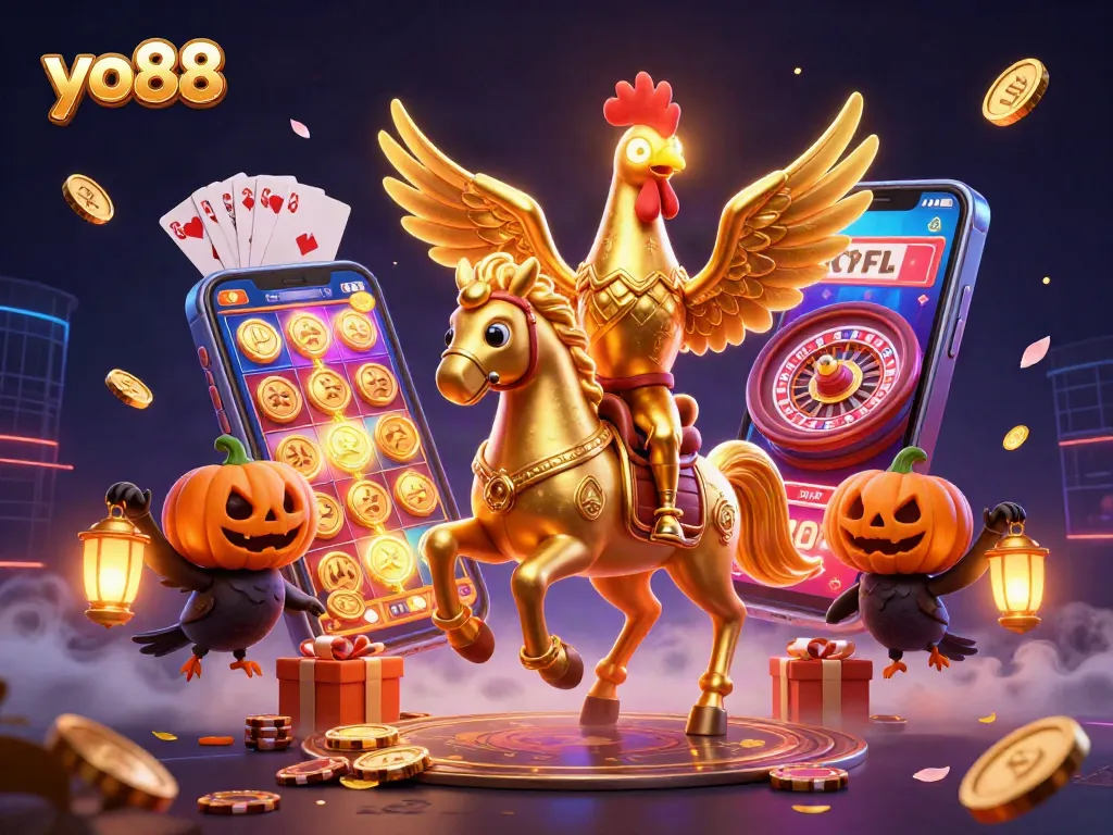 Engage with yo88 as a golden rooster explores a vibrant casino, surrounded by games and treasures.
