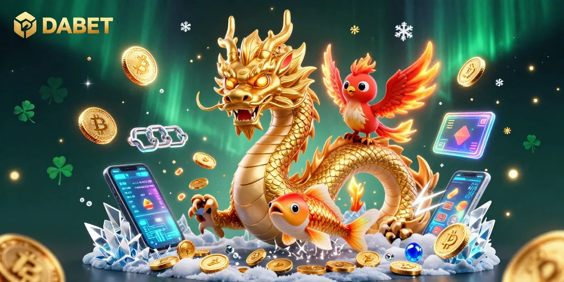 DABET offers a vibrant casino experience featuring a golden dragon, phoenix, and koi fish amidst coins and crypto elements.