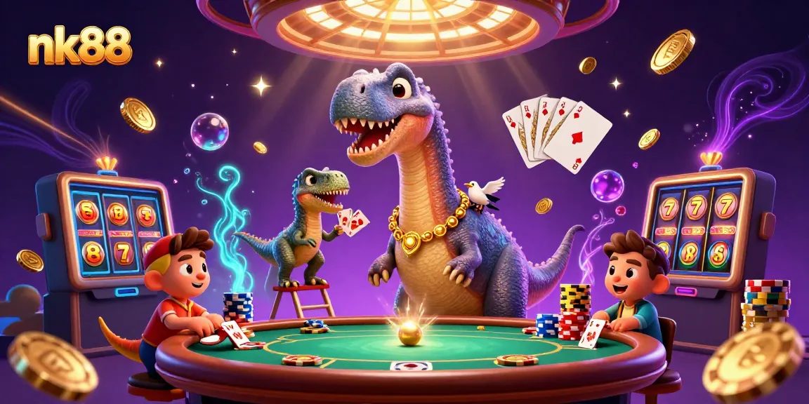 Experience nk88's vibrant casino world with a gigantic brontosaurus and dynamic gaming elements.