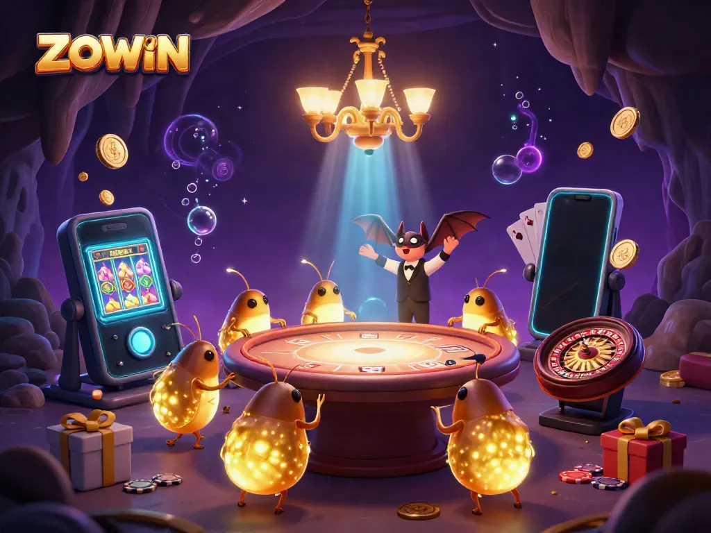 ZOWIN Casino illuminated by glowworms; vibrant colors and engaging slot game action.