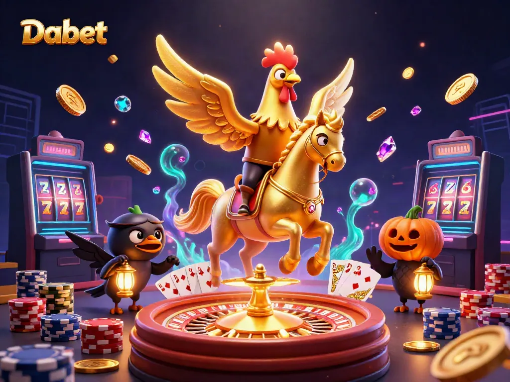 Experience the thrill of Dabet with golden rooster characters and casino games in a vibrant 3D scene.
