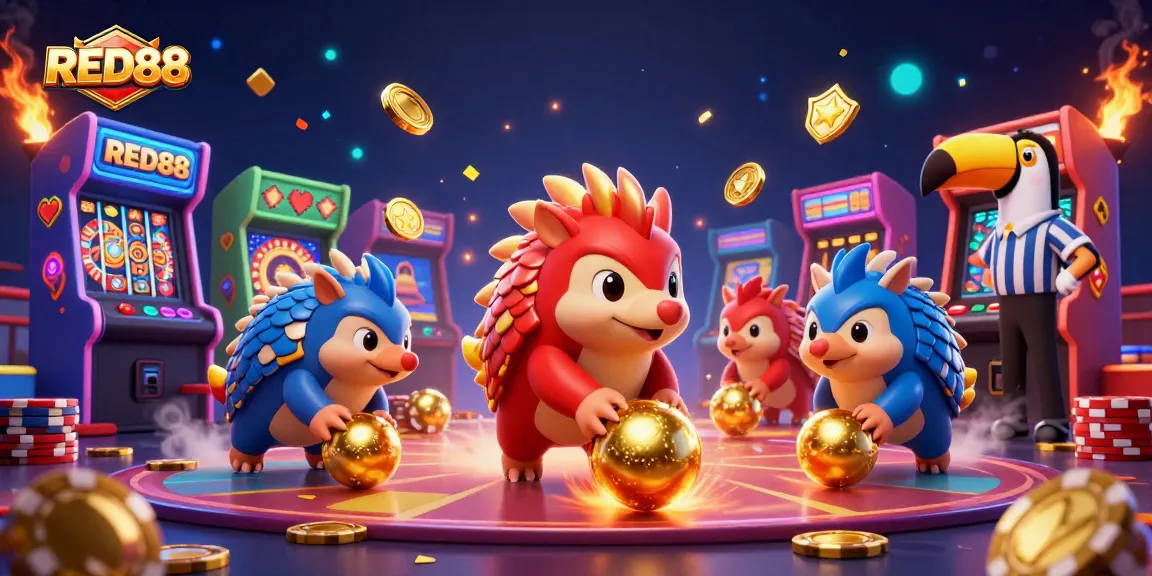 Join the exciting RED88 casino showdown with rival pangolins rolling poker chips in a vivid arcade scene.