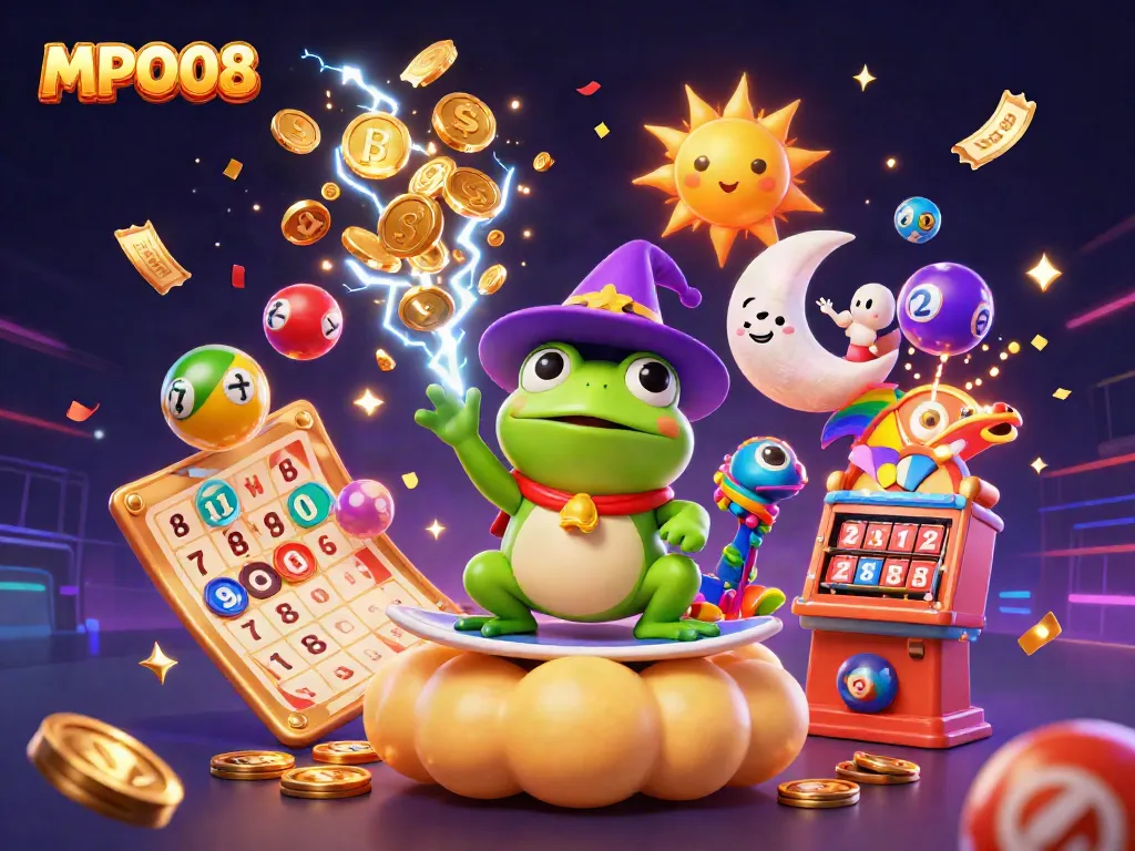 MPO08 players enjoying a thrilling slot experience with vibrant elements like coins and lottery balls.