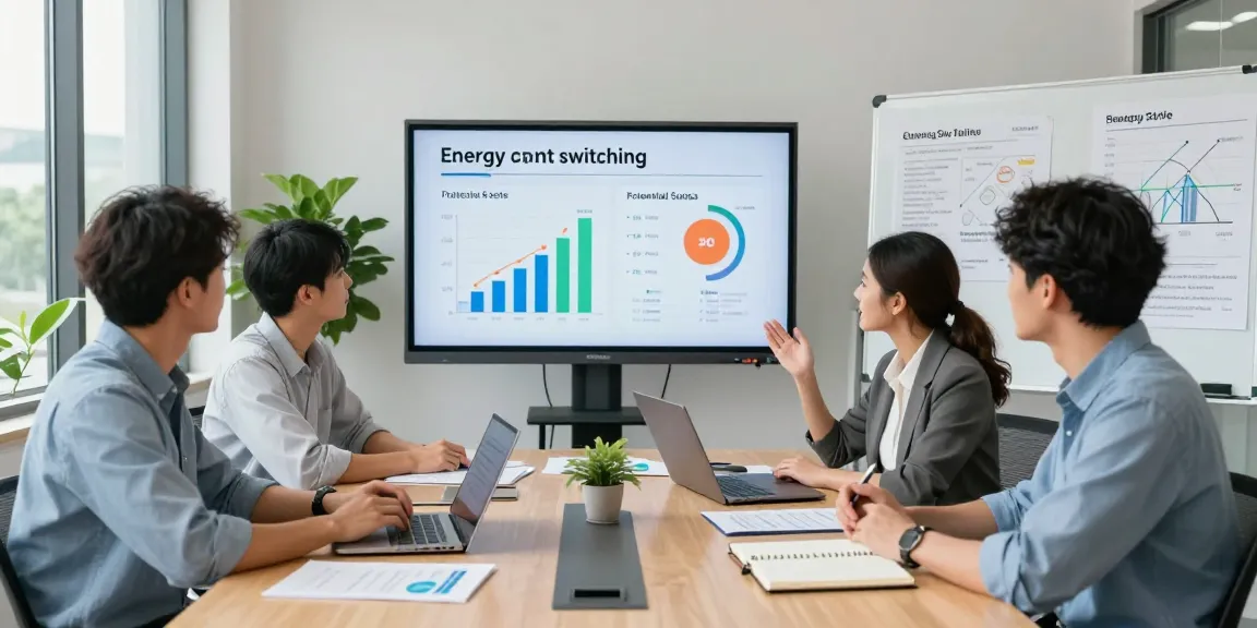 Team meeting to switch business energy rates for cost savings, with charts and laptops in a modern office setting.
