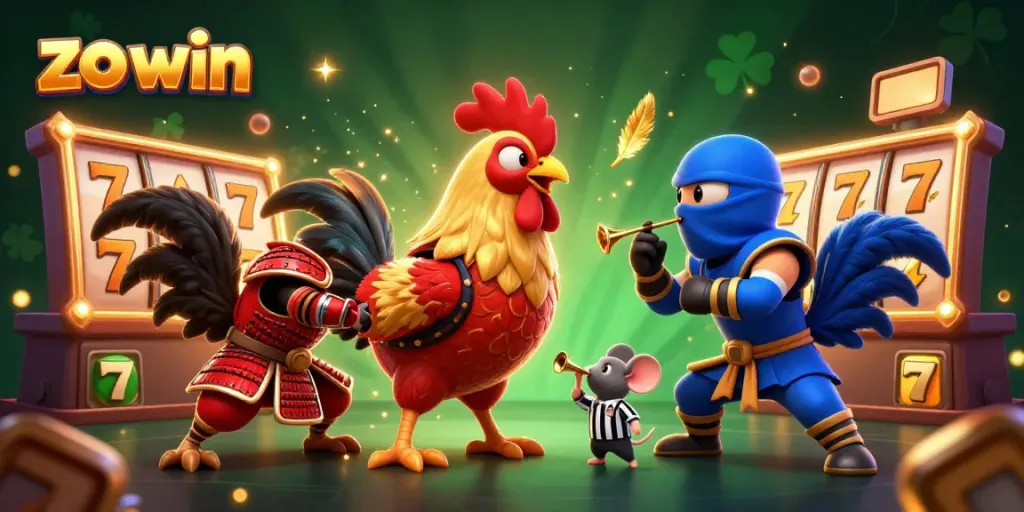 Zo win showcases an epic standoff between roosters in samurai and ninja attire amidst thrilling slot machine symbols.