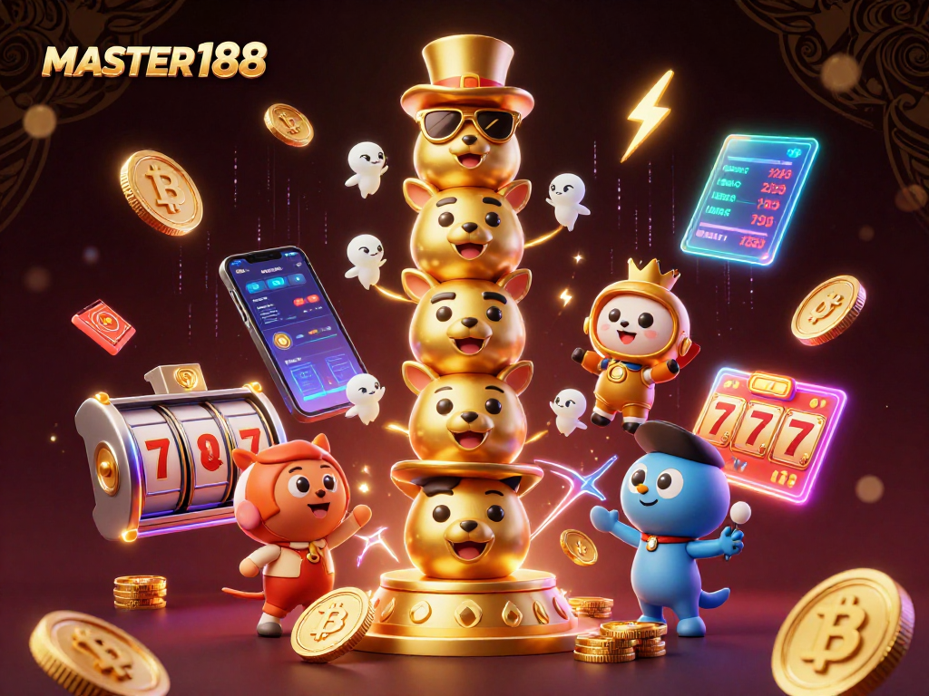 Play exciting games with MASTER188, featuring a vibrant 3D totem pole and popular crypto elements for gamblers.
