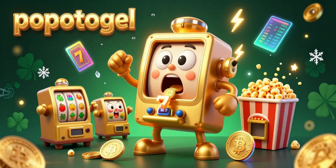 popotogel slot machine hitting a jackpot with coins pouring out, amidst cheering machines and crypto coins.