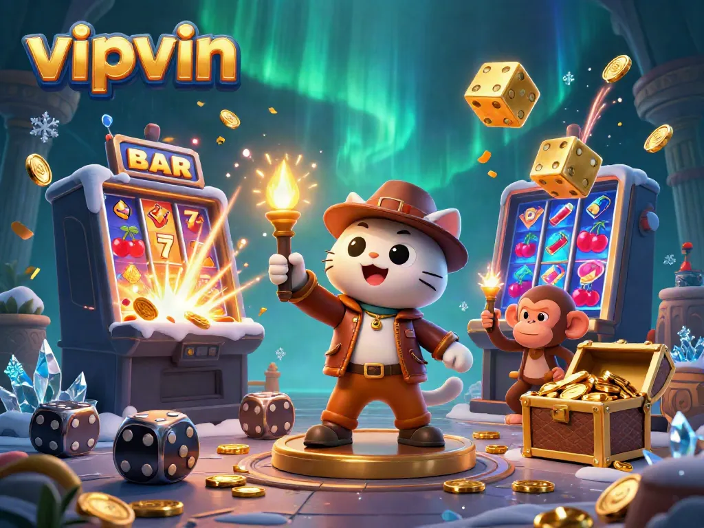 Experience the thrill of vipvin with a cartoon explorer cat discovering casino treasures in a vibrant scene.