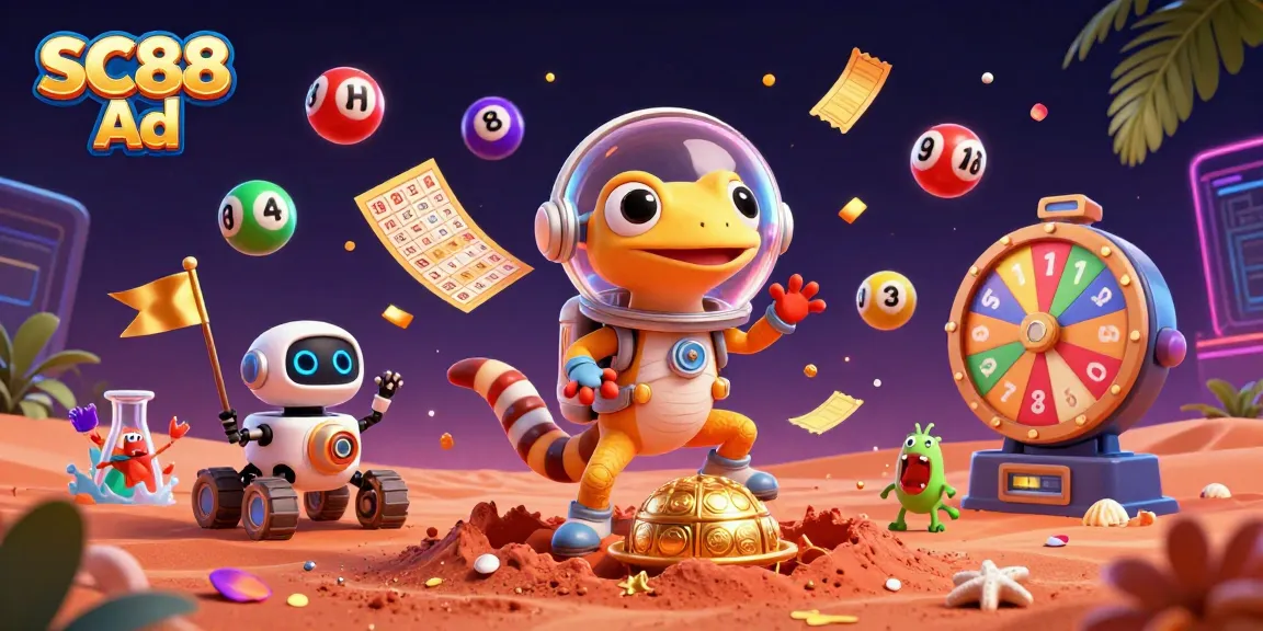 Engage with SC88 Ad in this vibrant illustration featuring a Martian gecko uncovering a gold casino.