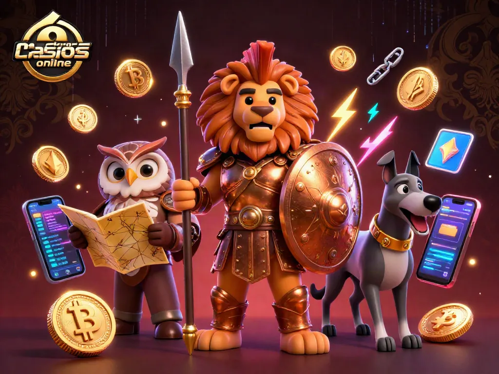 Accede a los mejores casinos online con un león espartano, un búho y un galgo en una ilustración 3D vibrante.