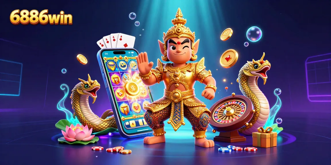 Spin to win at 6886win with vibrant slot games, golden coins, and a majestic guardian scene.