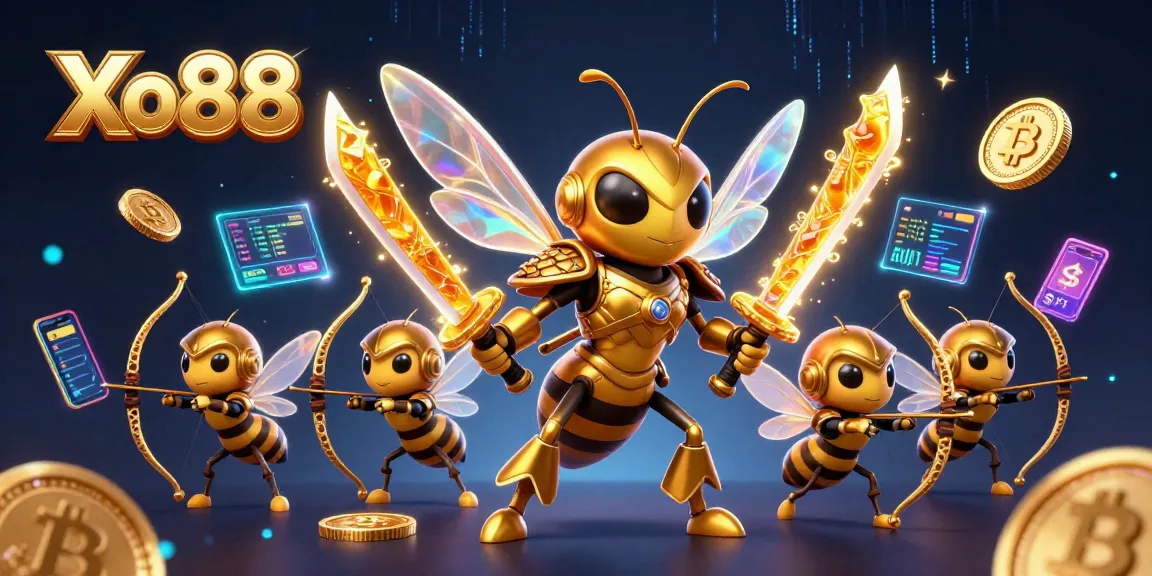 Xo88 showcases an energetic scene with a samurai hornet and bee archers amidst crypto elements.