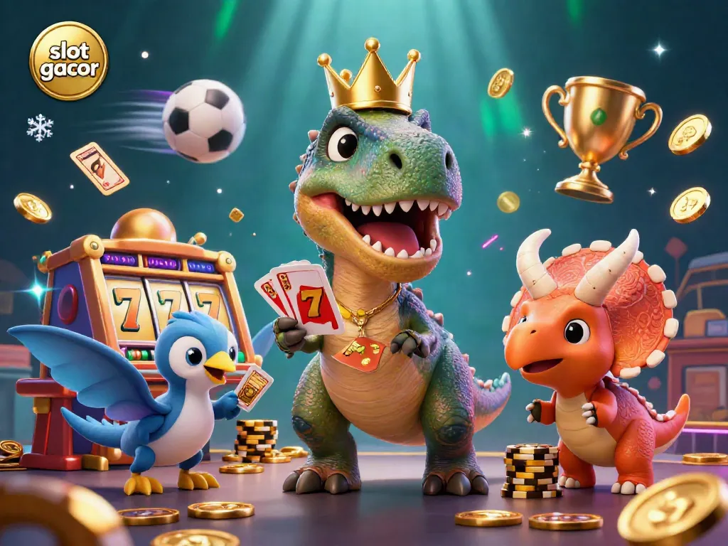 Experience the thrill of slot gacor with a playful 3D T-Rex and friends in a vibrant casino scene.