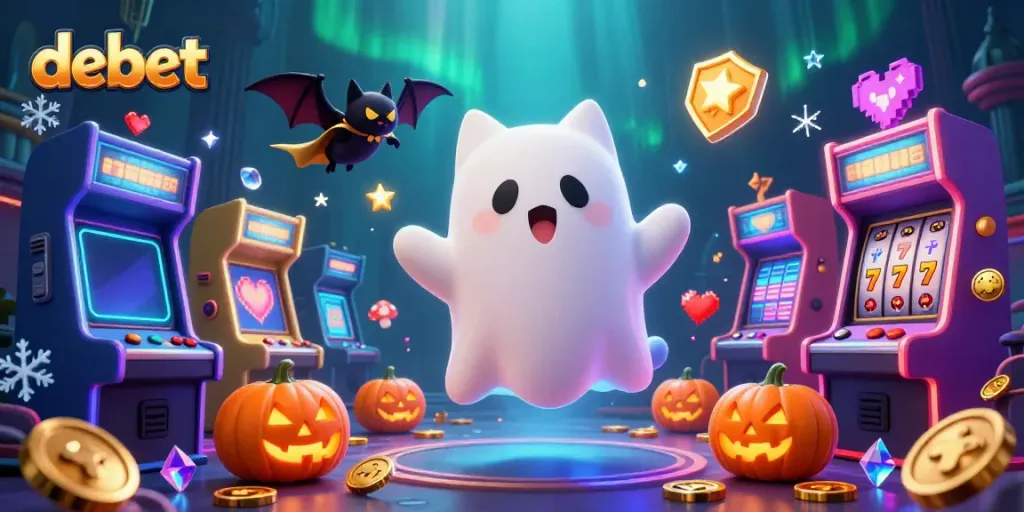 Experience debet with a friendly ghost cat and a vampire bat in a vibrant casino scene filled with jackpots and gaming action.