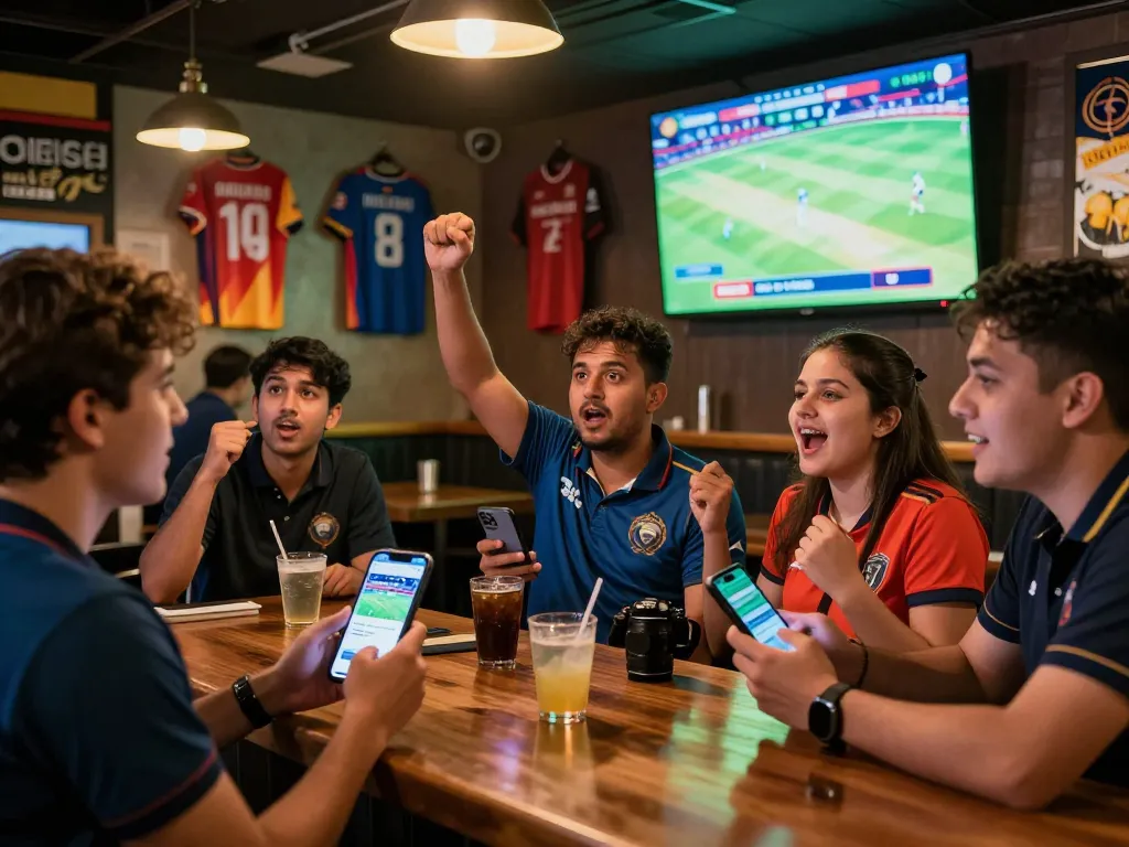 Fans engaging in BetVisa cricket betting while watching a live match at a sports bar.