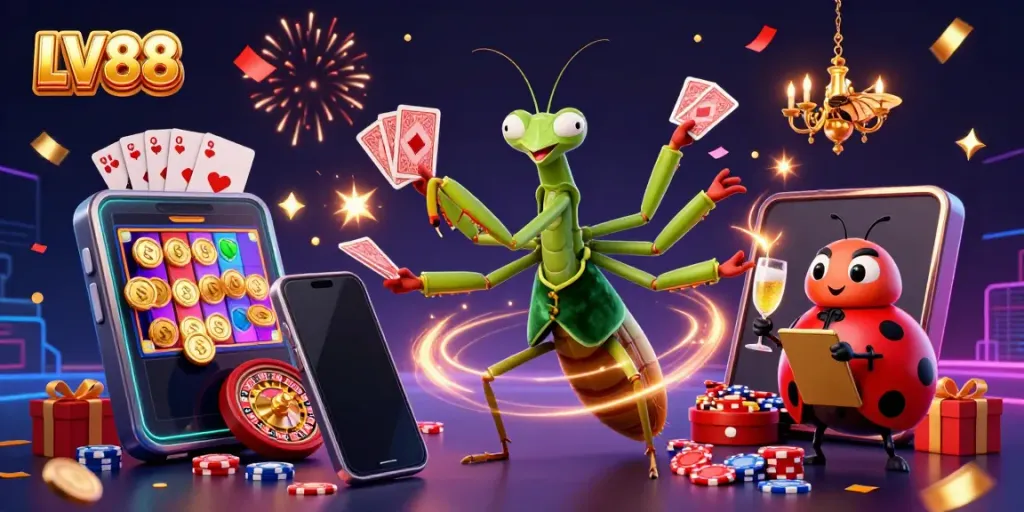 LV88 card sharp and pit boss sharing excitement over slot games with vibrant casino elements