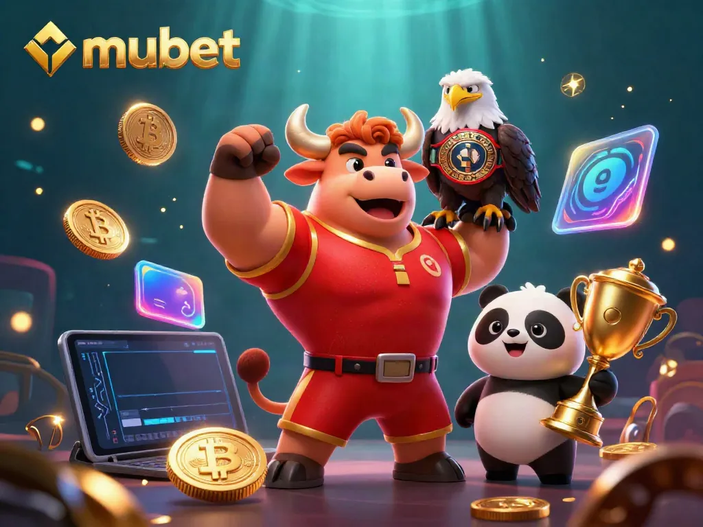 Experience the thrill of mubet with a victory pose from the cartoon bull mascot and golden trophy.