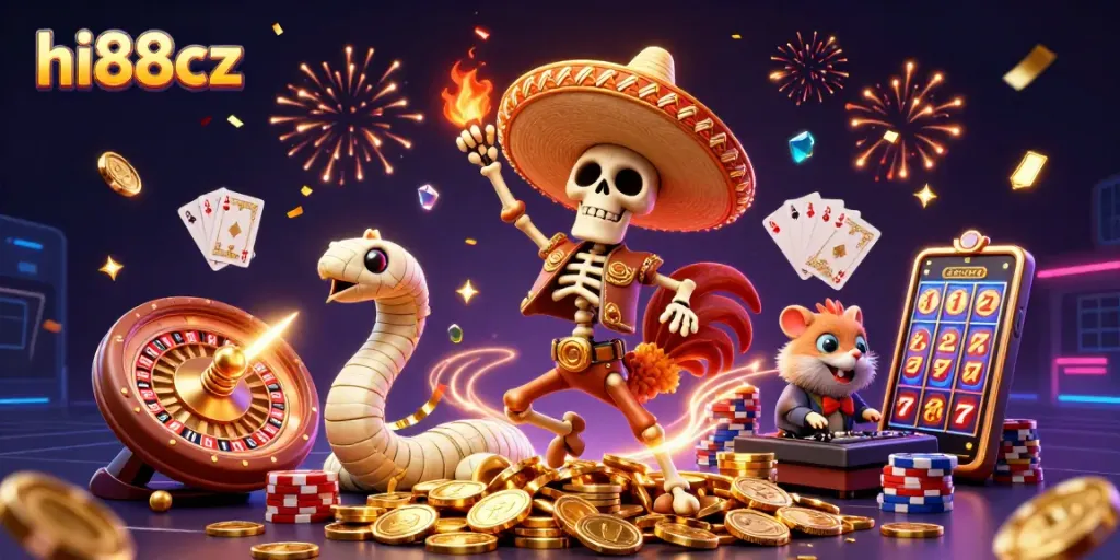Experience hi88cz action with lively casino characters celebrating amidst golden coins and vibrant gems.