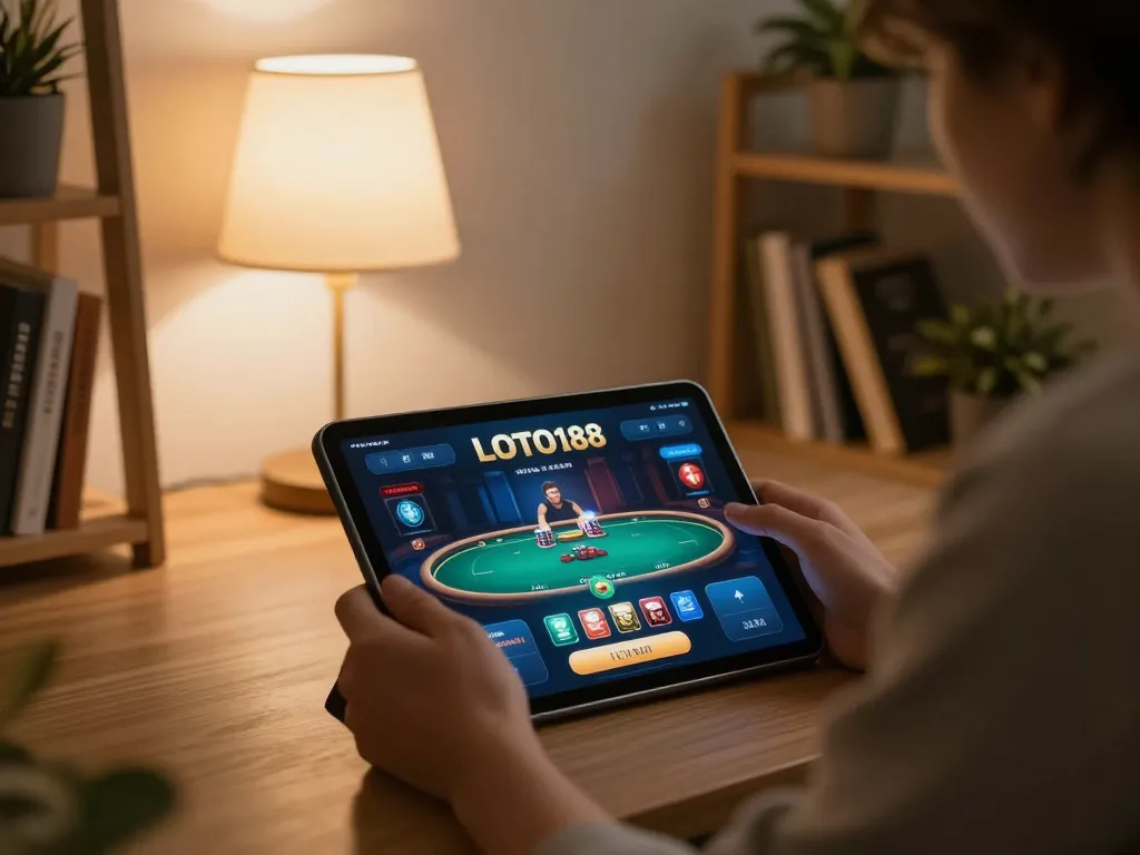 LOTO188 player engaging with online poker on tablet, showcasing an inviting gaming atmosphere.