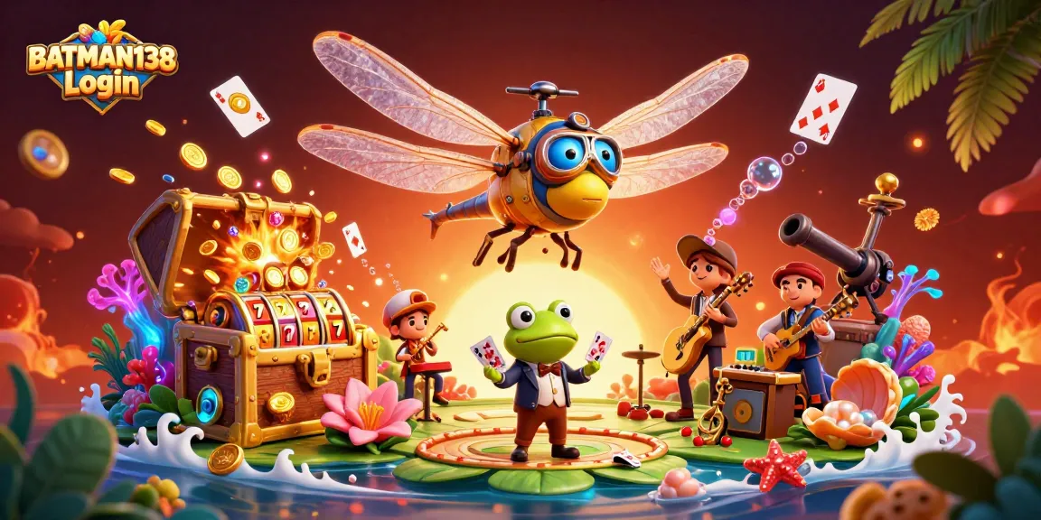 Engage with BATMAN138 Login at a vibrant lily pad casino, featuring colorful game elements and lively characters.