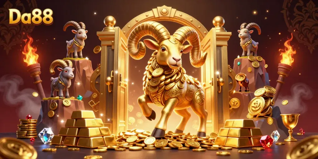 Experience the thrill of Da88 with a golden ram breaking through a vault, embodying the excitement of the casino.