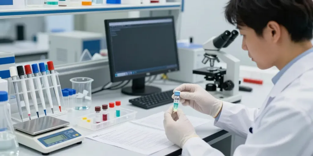 Scientist assessing peptide purity in laboratory setting, showcasing TB research.