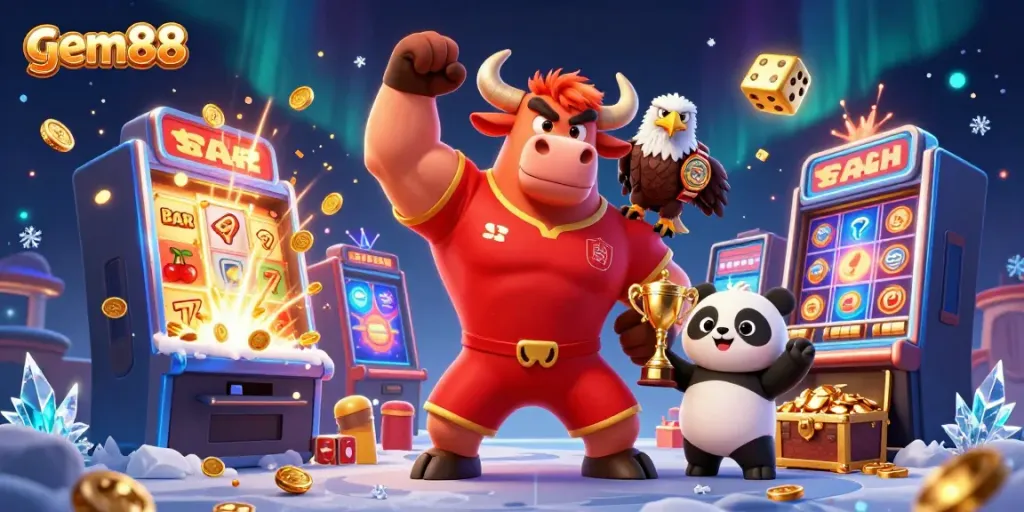 Experience the thrill of gem88 with a dynamic trio celebrating a jackpot win among colorful casino elements.