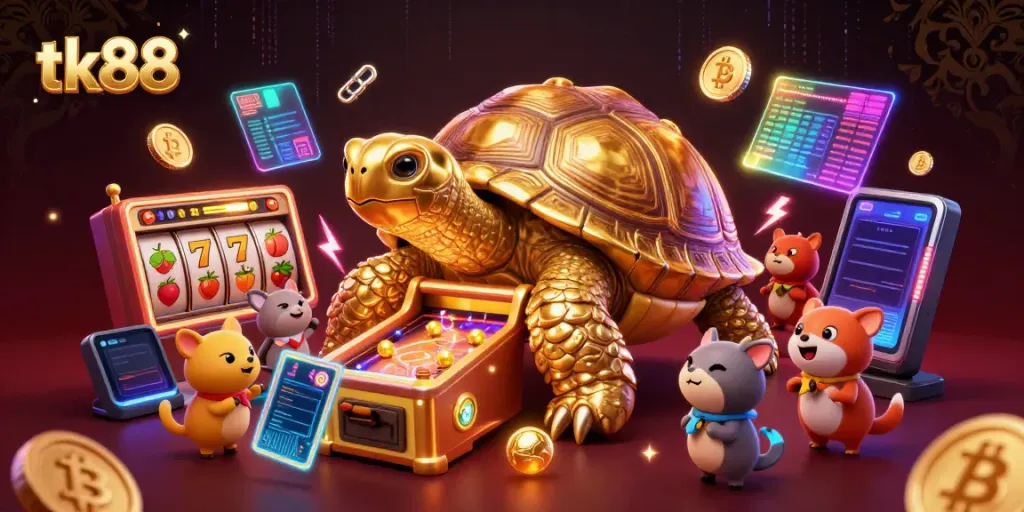 Engage with tk88's lively casino scene featuring a golden tortoise pinball machine and vibrant slot reels.